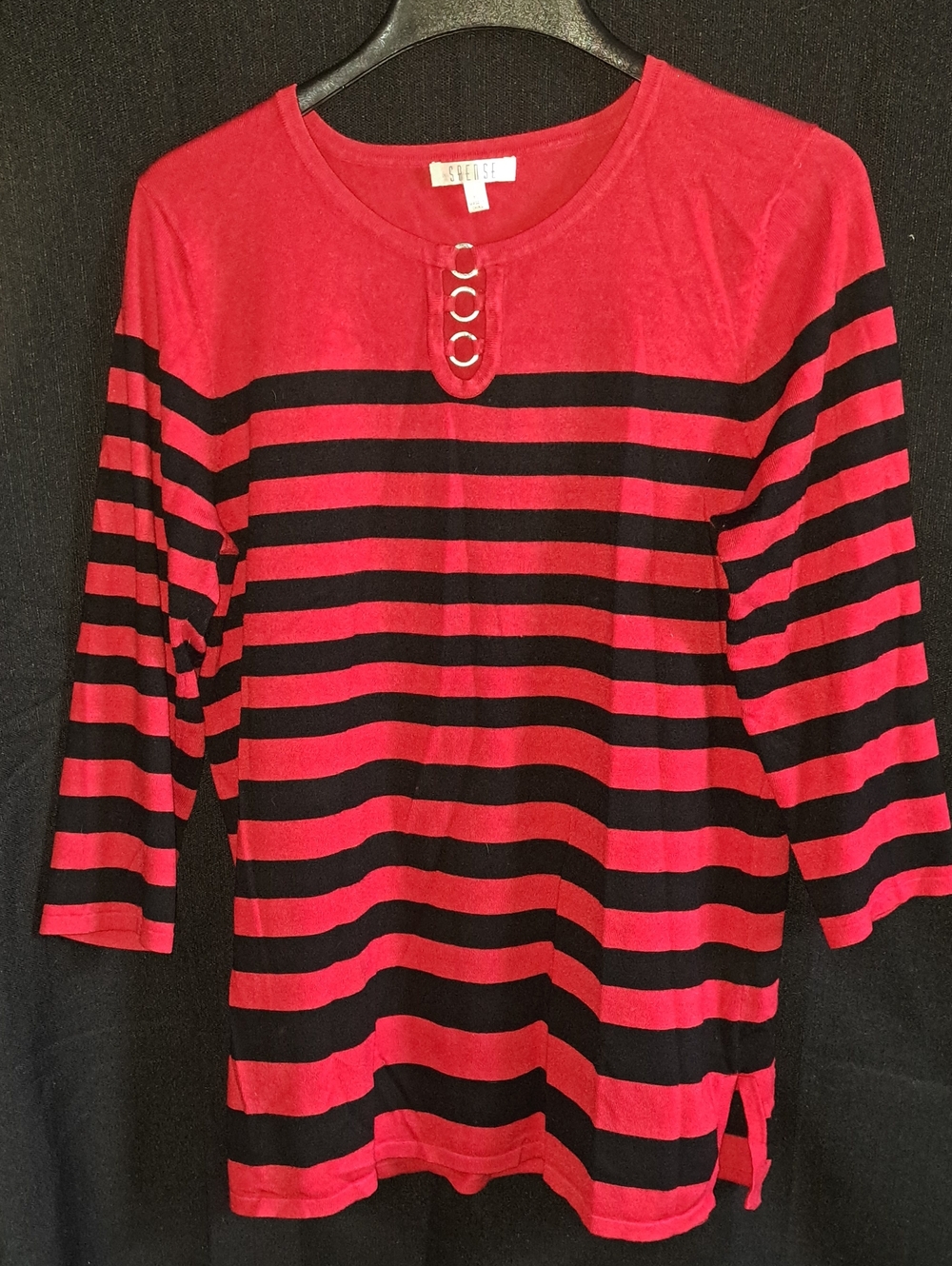 Spense Red and Black Striped Long Sleeve Top with Ring Detail